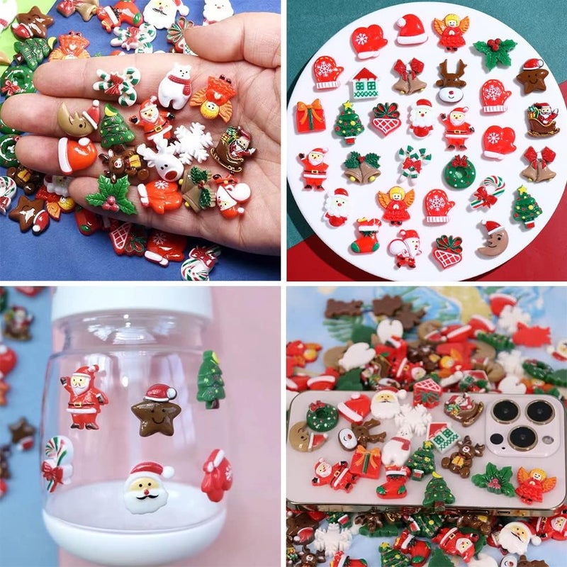 VETE 100pcs Christmas Slime Flatback Charms, Assorted Craft Resin Ornaments Miniature Ornaments Set, Santa Snowman Tree Bell Resin Decoration for Craft Making, Ornament Scrapbooking DIY Crafts - Image 3